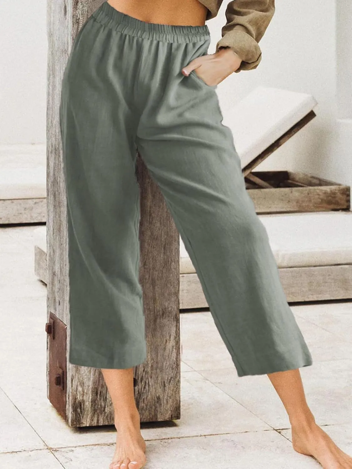 Womens Summer Linen Capri Pants 2024 Elastic Waist Beach Yoga Cropped Pants Casual Short Trousers with Pockets