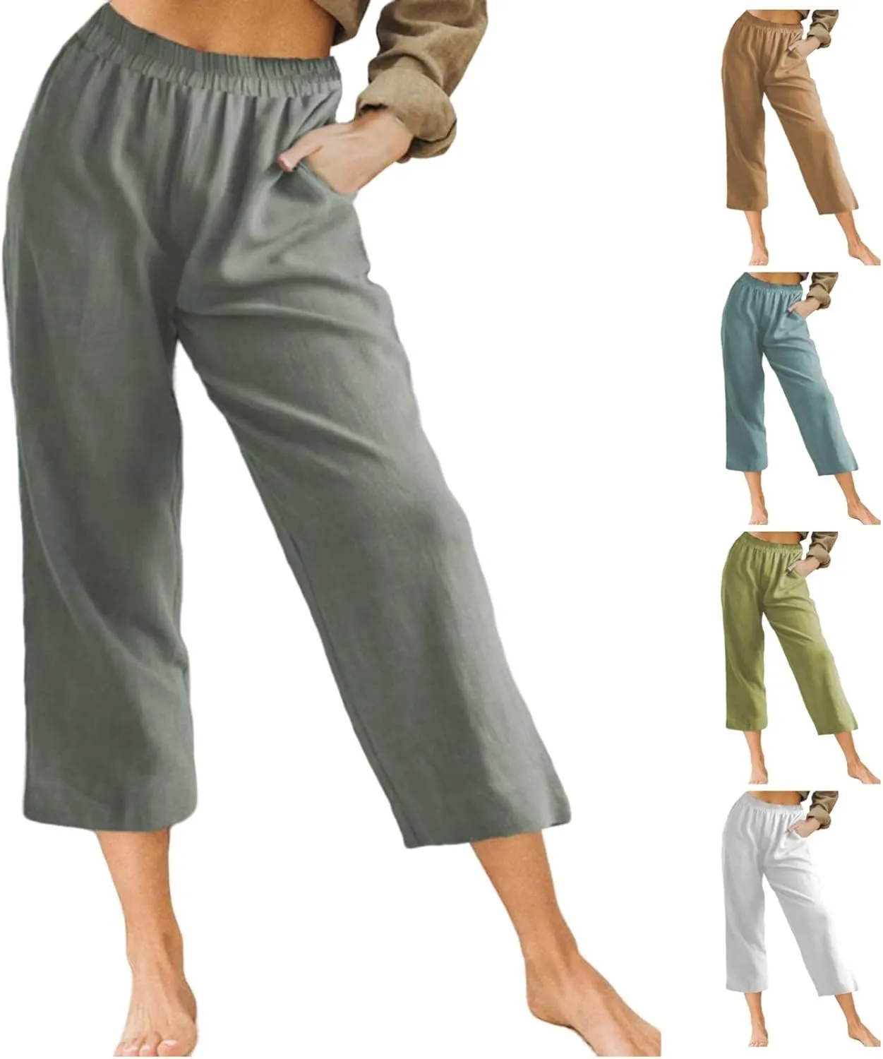 Womens Summer Linen Capri Pants 2024 Elastic Waist Beach Yoga Cropped Pants Casual Short Trousers with Pockets