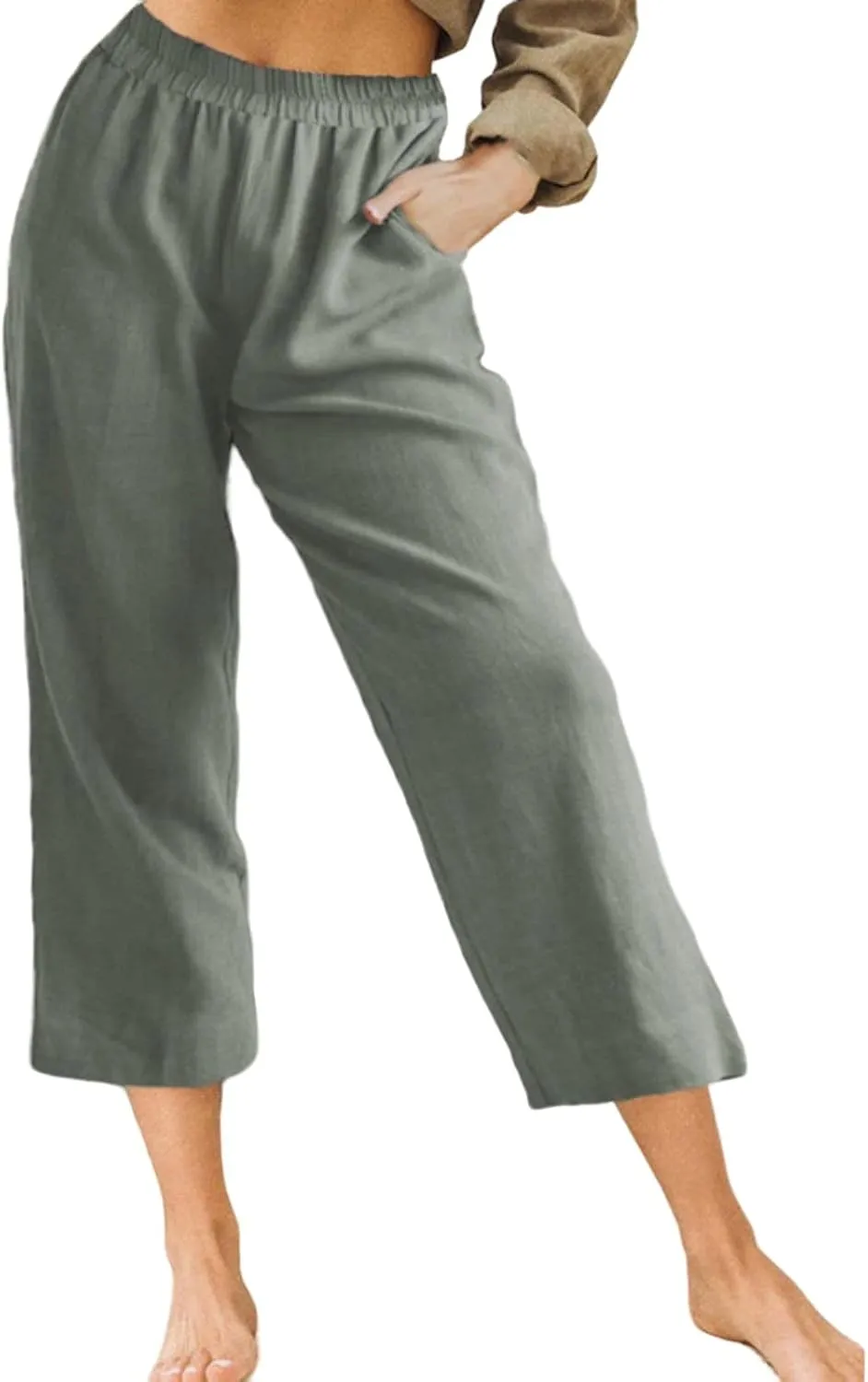 Womens Summer Linen Capri Pants 2024 Elastic Waist Beach Yoga Cropped Pants Casual Short Trousers with Pockets