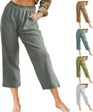 Womens Summer Linen Capri Pants 2024 Elastic Waist Beach Yoga Cropped Pants Casual Short Trousers with Pockets