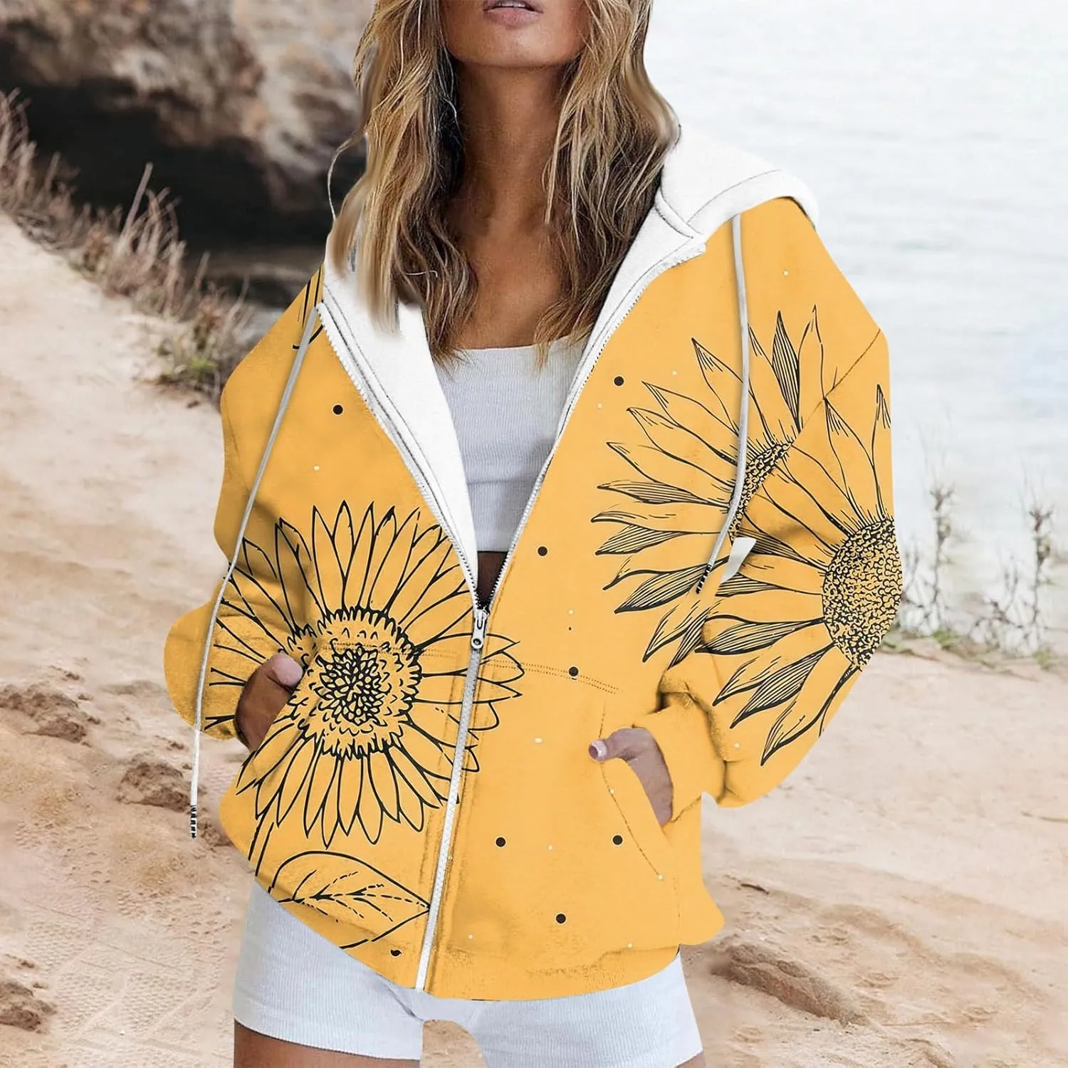 Women's Trendy Floral Printing Jacket Zip Up Hoodies Lightweight Long Sleeve Coat Fall Fashion Outfits with Pockets