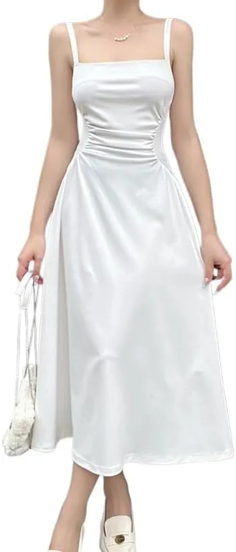 Women's Waist Pleated Camisole A-List Dress, Private Dress, Socialite Style Temperament Long Skirt