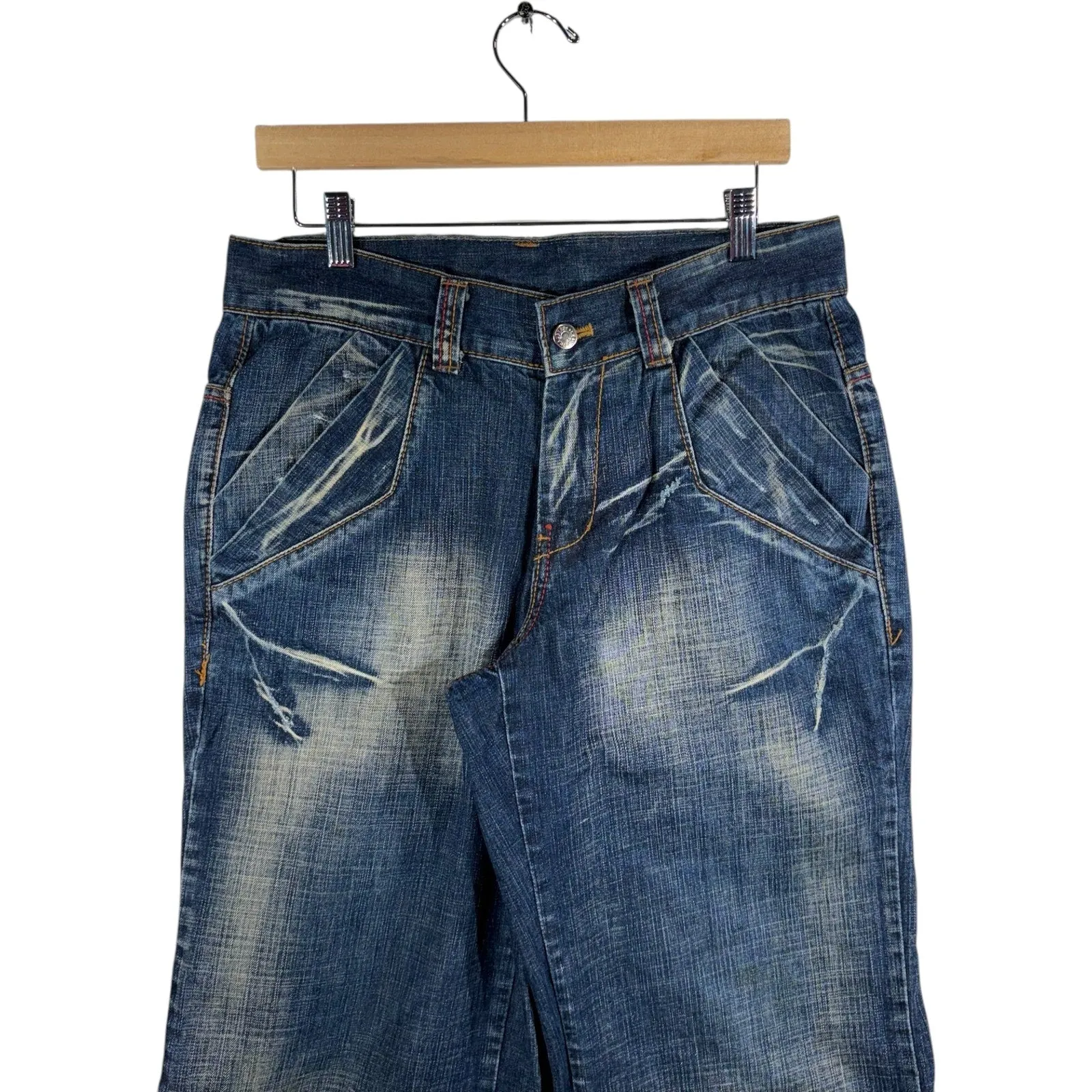 Y2K Double Pocket Flared Wide Leg Denim Jeans 33x30