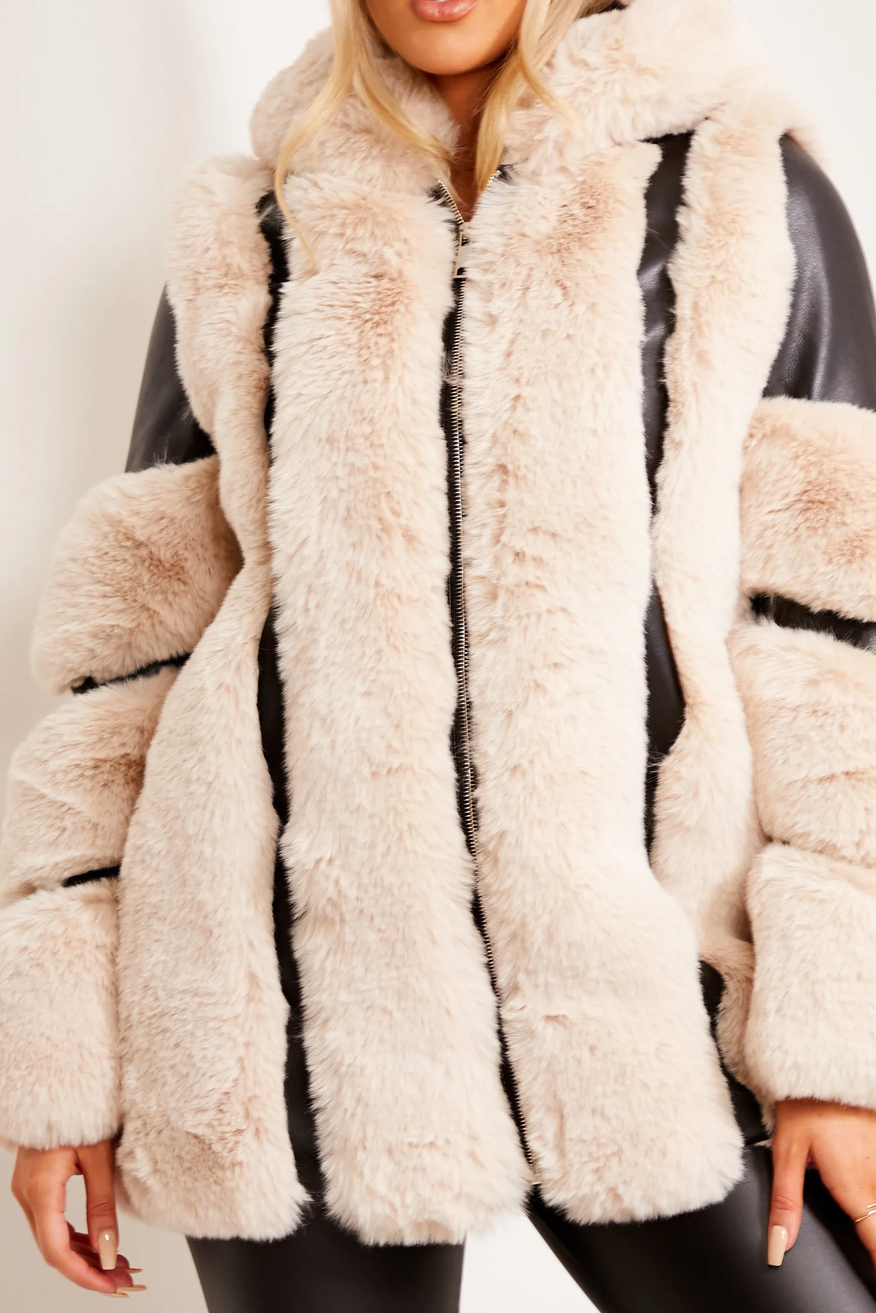 Yasmin Black and Cream Faux Fur PU Longline Coat