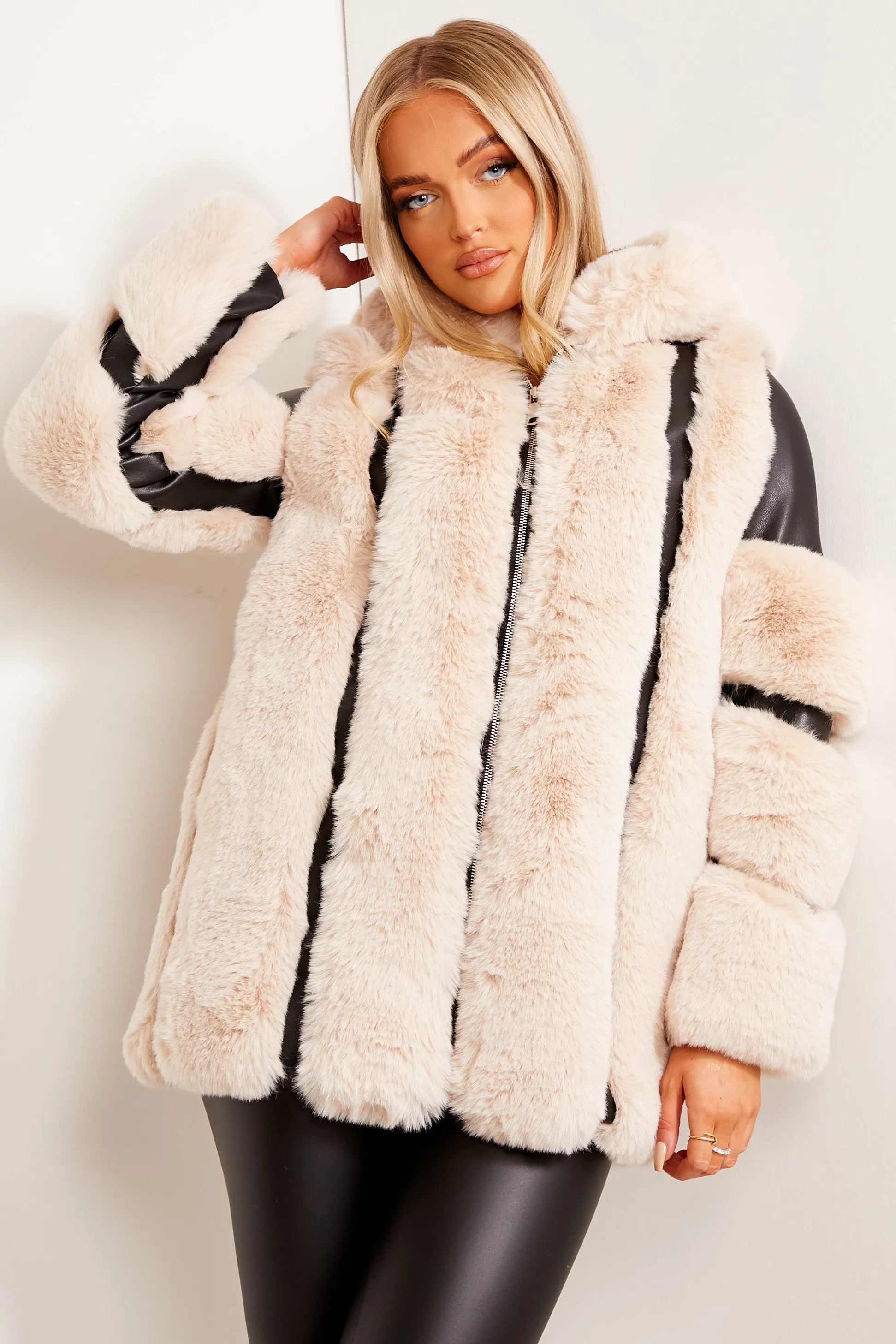 Yasmin Black and Cream Faux Fur PU Longline Coat