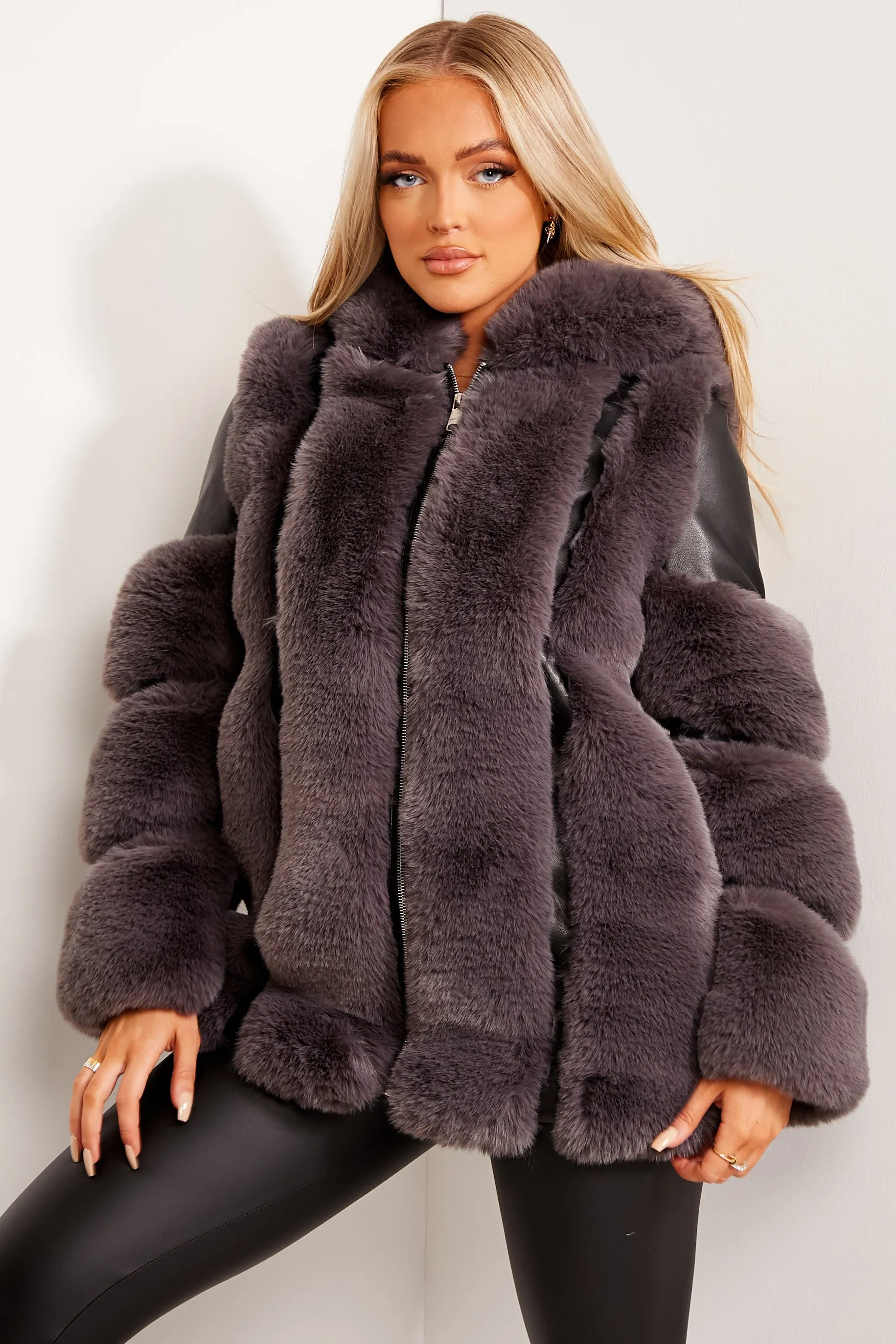Yasmin Black and Grey Faux Fur PU Longline Coat