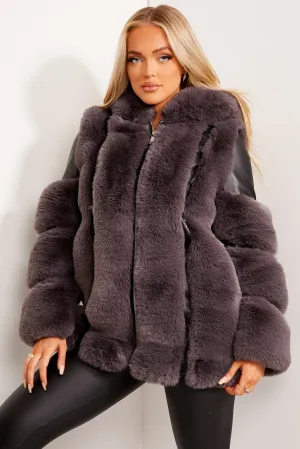 Yasmin Black and Grey Faux Fur PU Longline Coat