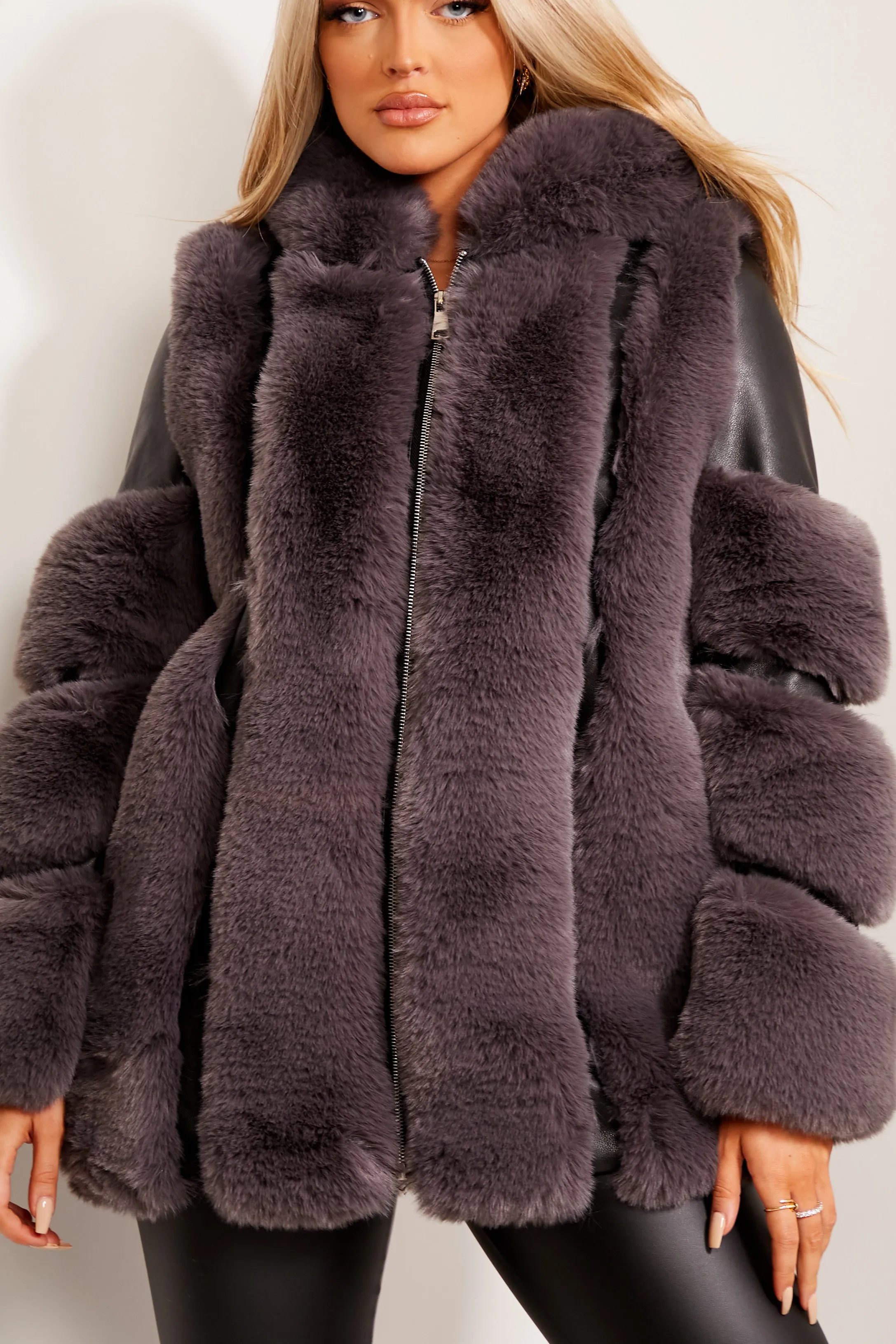 Yasmin Black and Grey Faux Fur PU Longline Coat