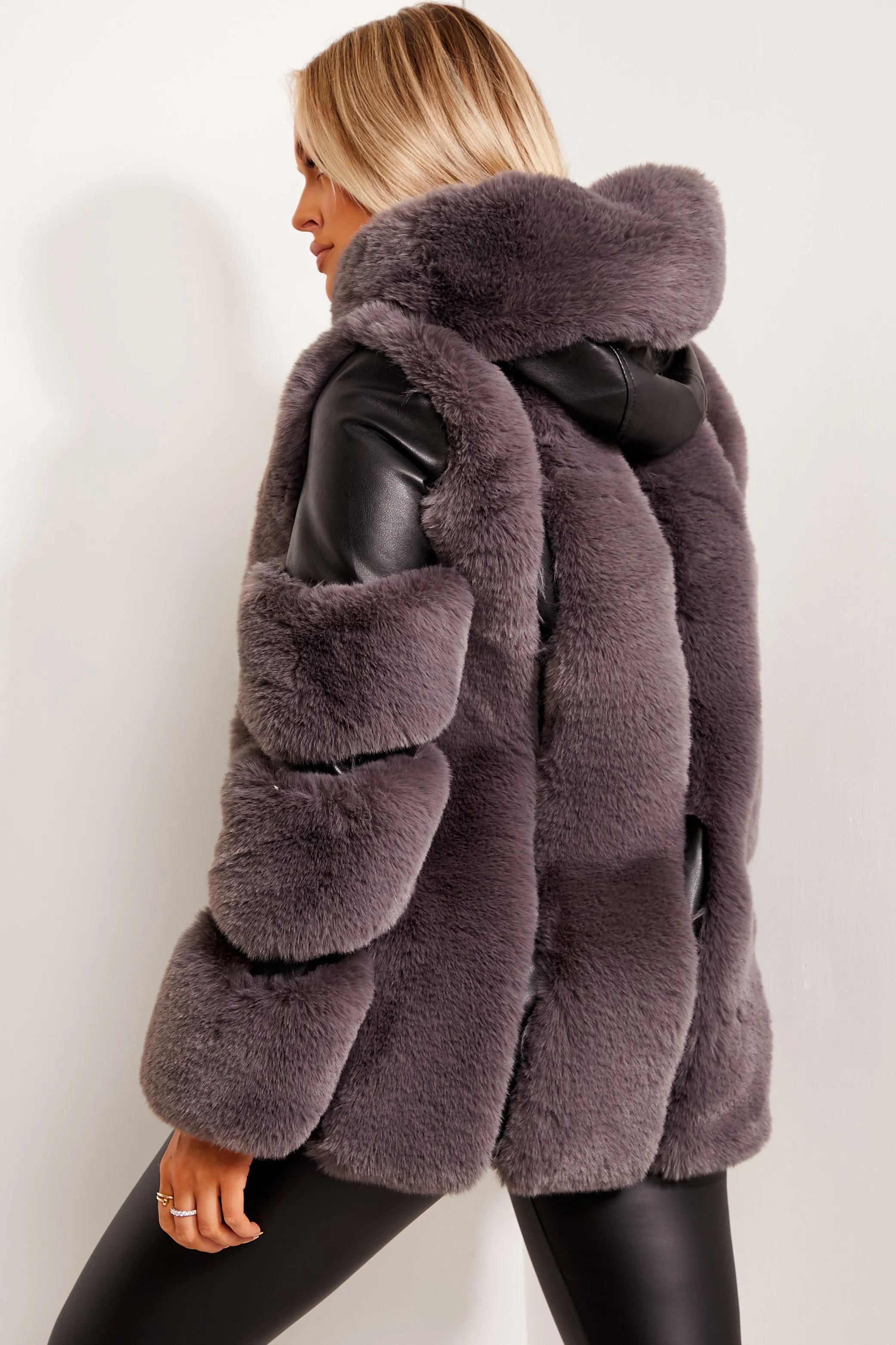 Yasmin Black and Grey Faux Fur PU Longline Coat