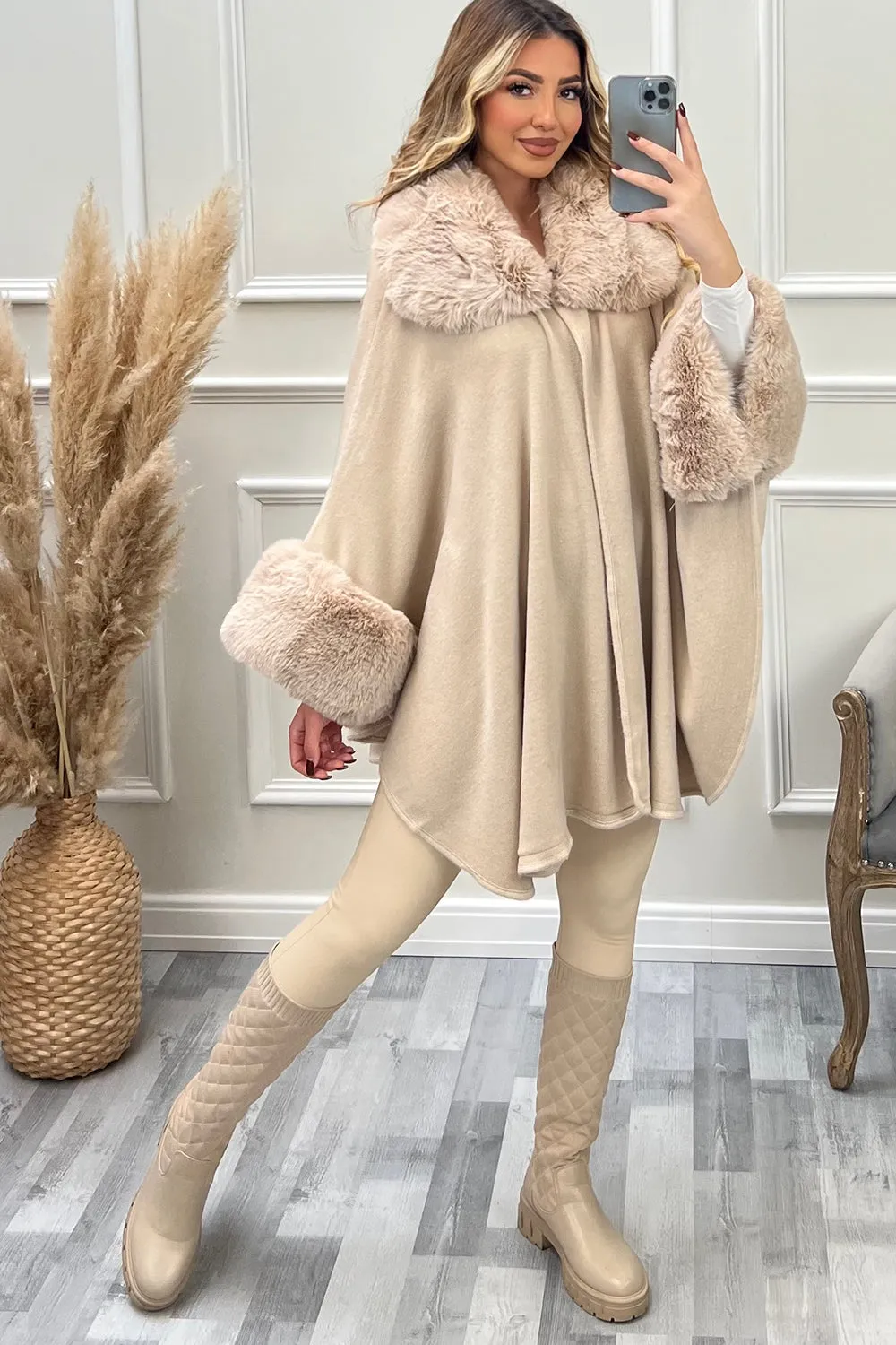 Zola Beige Faux Fur Trim Open Cape