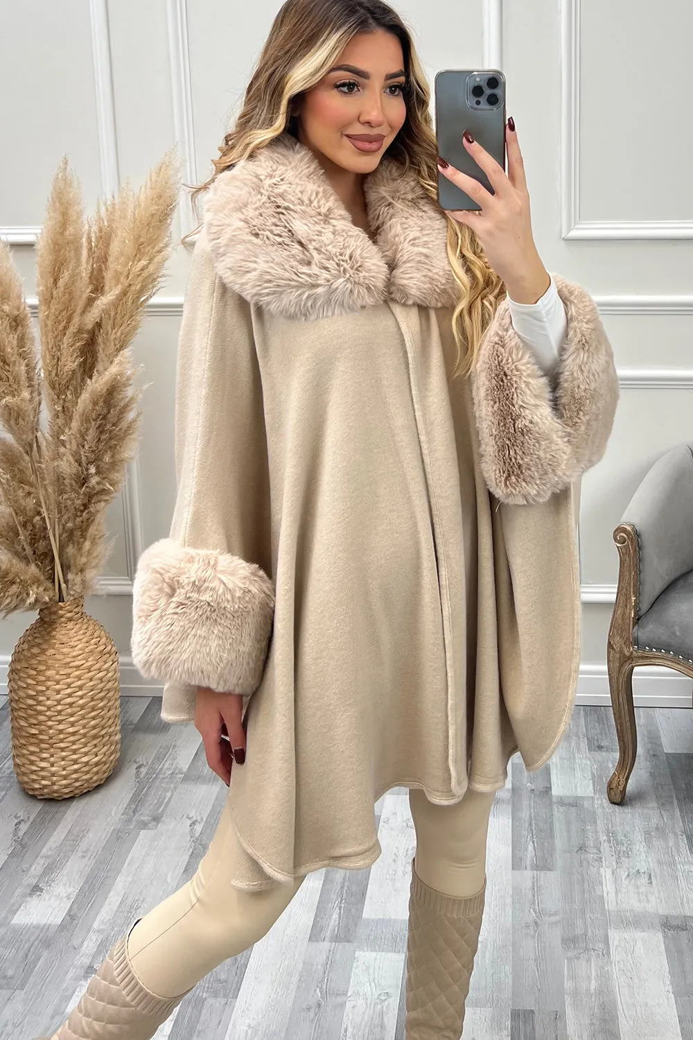 Zola Beige Faux Fur Trim Open Cape