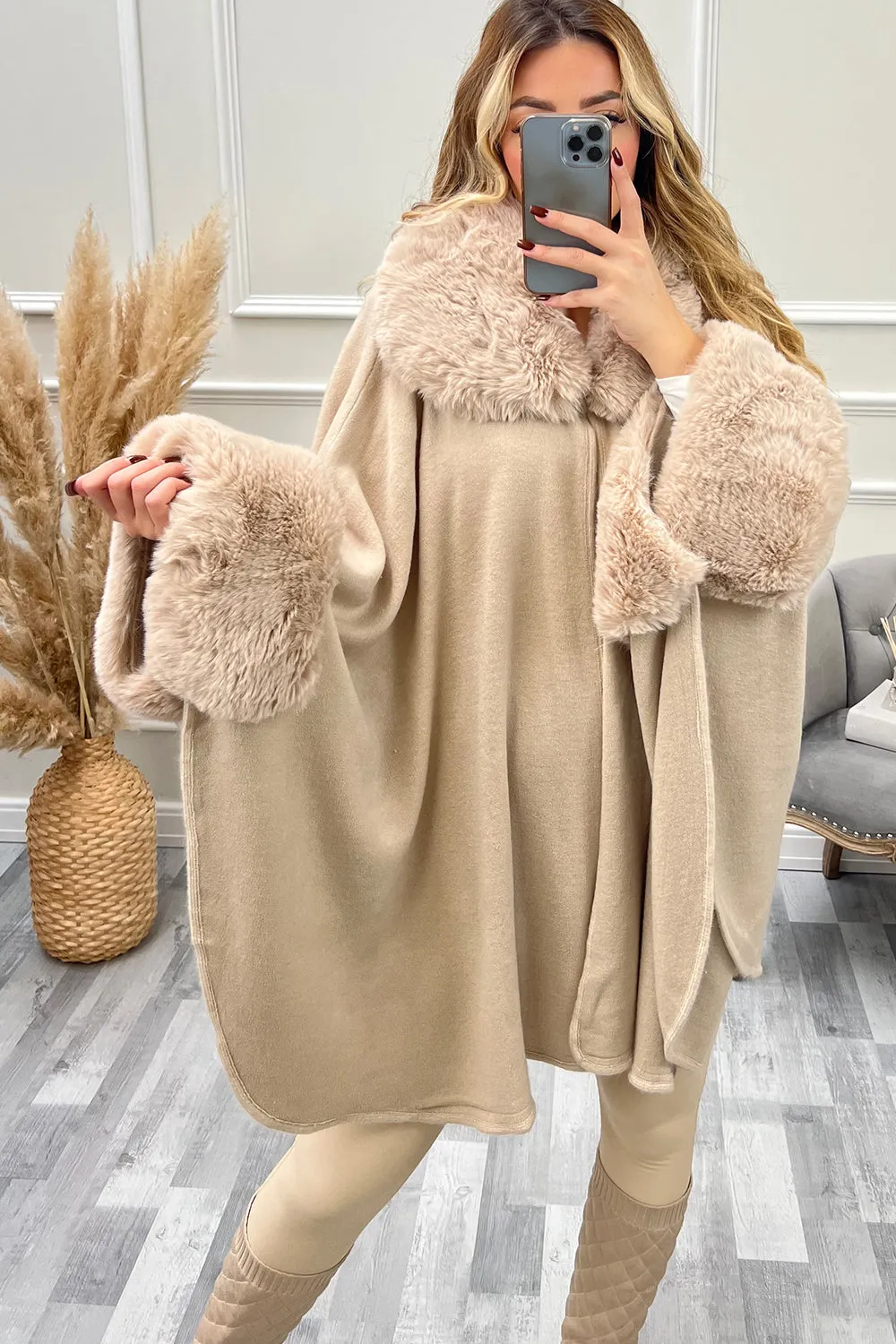 Zola Beige Faux Fur Trim Open Cape