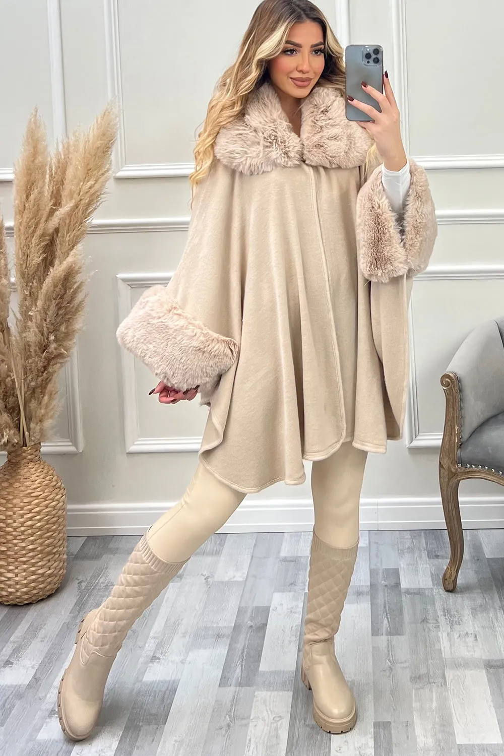 Zola Beige Faux Fur Trim Open Cape