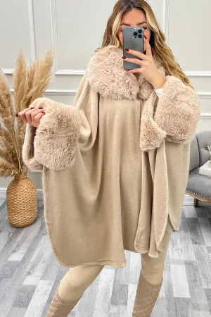 Zola Beige Faux Fur Trim Open Cape